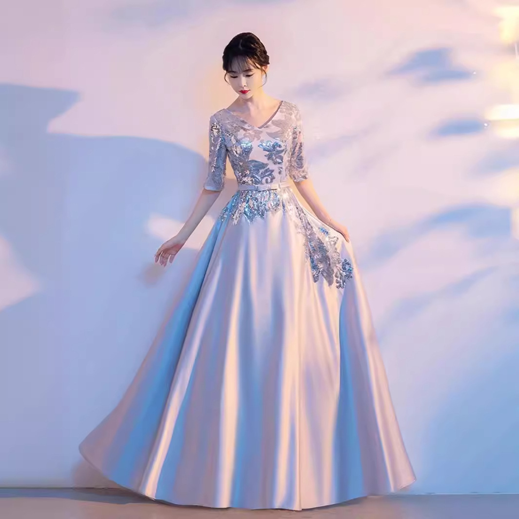 大合唱团指挥演出服女长裙成人红歌表演比赛大气灰色缎面晚礼服