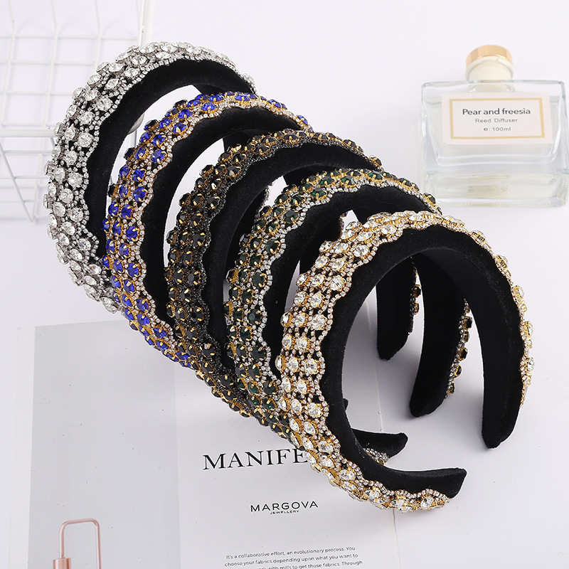 Amazon Cross-Border European and American Style Baroque Crystal Headband Sponge Wide Edge Heavy Industry Headband Full Diamond Headband Manufacturer