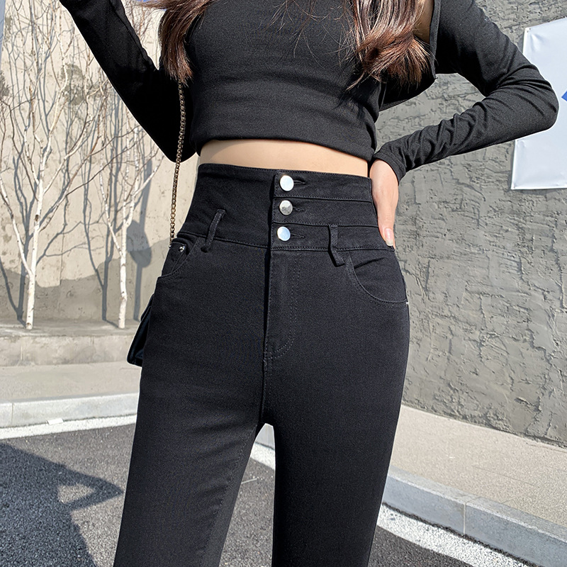 牛仔裤女秋冬装2022年新款超高腰修身显瘦黑色紧身春铅笔小脚裤子