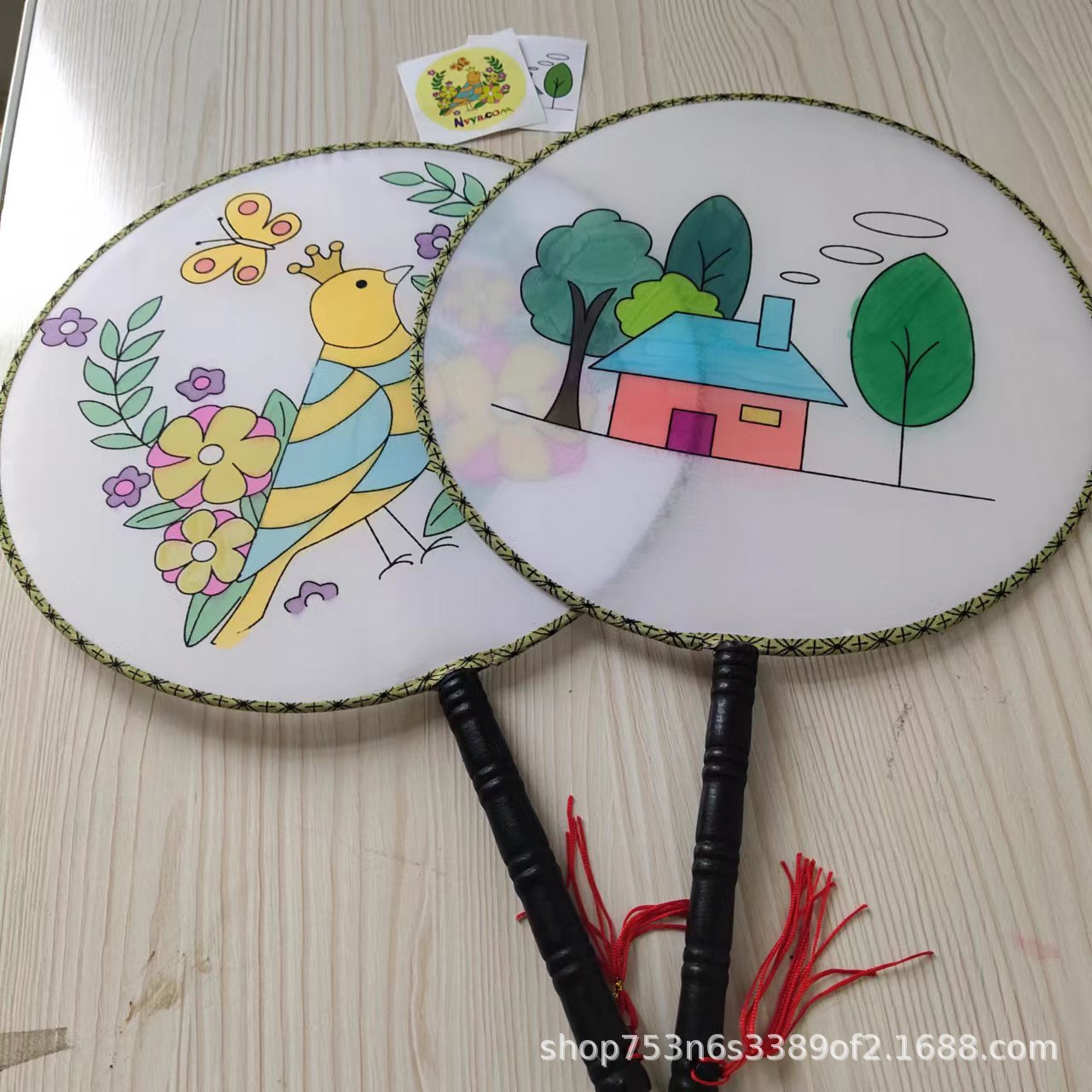 儿童涂鸦画彩绘扇子空白圆扇幼儿园diy绘画宫扇 卡通图案填色团扇
