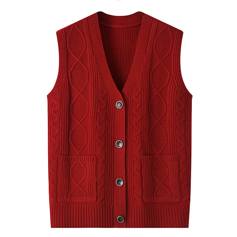 Middle-Aged and Elderly Women's Knitted Warm Vest Spring and Autumn Sleeveless Jacket Grandma's Clothes Top Thin Cardigan Elderly Wool Vest