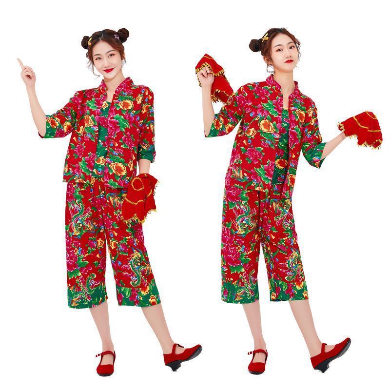 东北大花布衣服大花布套装女春夏民族风服装二人转演出服搞笑村姑