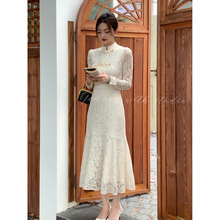 新中式女装2023秋季新款蕾丝气质国风盘扣白色改良旗袍连衣裙