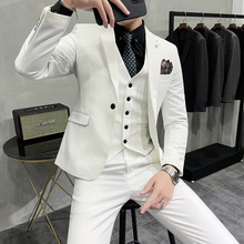 现货批发男式西装三件套 韩版一粒扣亮色礼服免烫修身白色男西服