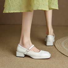 新款粗跟中跟牛皮玛丽珍鞋韩版优雅时尚百搭甜美休闲时装女单鞋子