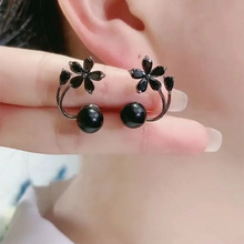小众设计高级耳扣黑色花朵两戴耳钉气质耳环2023时尚新款耳饰