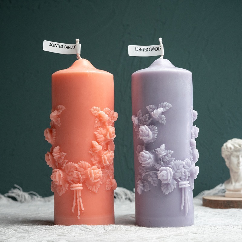 Embossed Rose Flower Column Aromatherapy Candle Foreign Trade Recommended Rose Relief Flower Ear Shape Candle