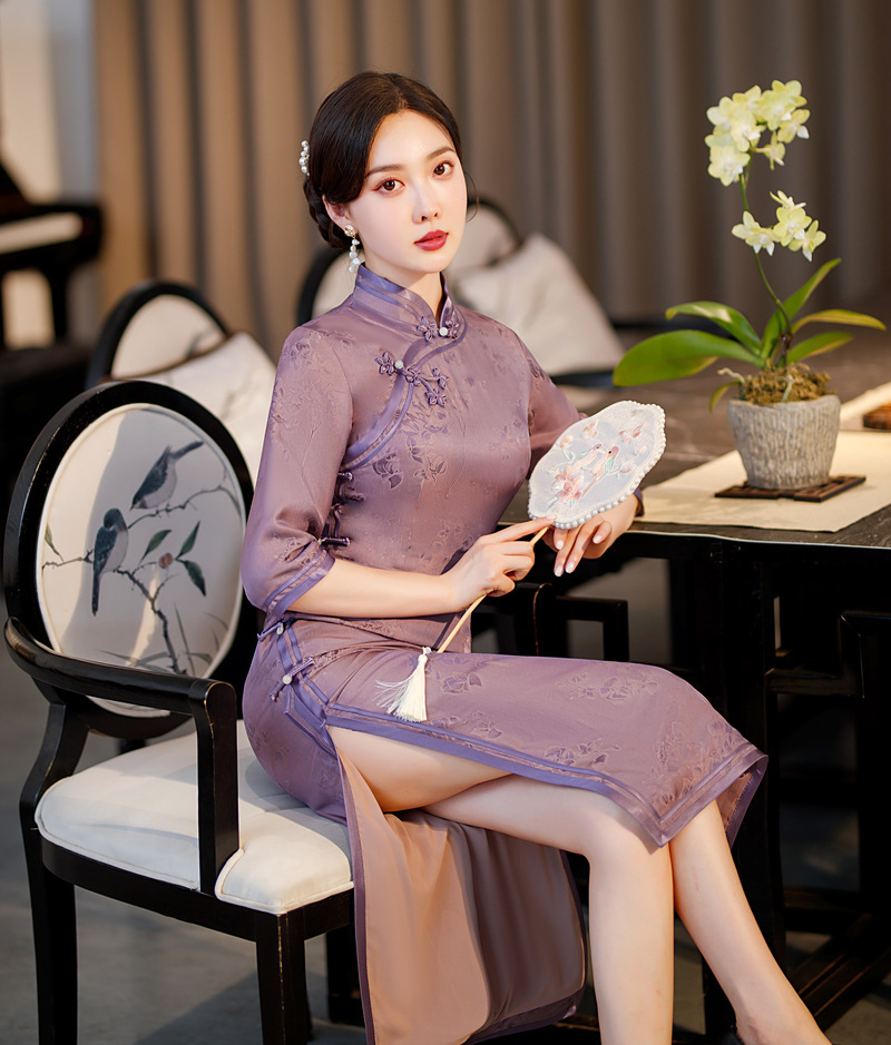 改良版紫色真丝桑蚕丝优雅气质温柔风显瘦高端国民阔太太遮肚旗袍