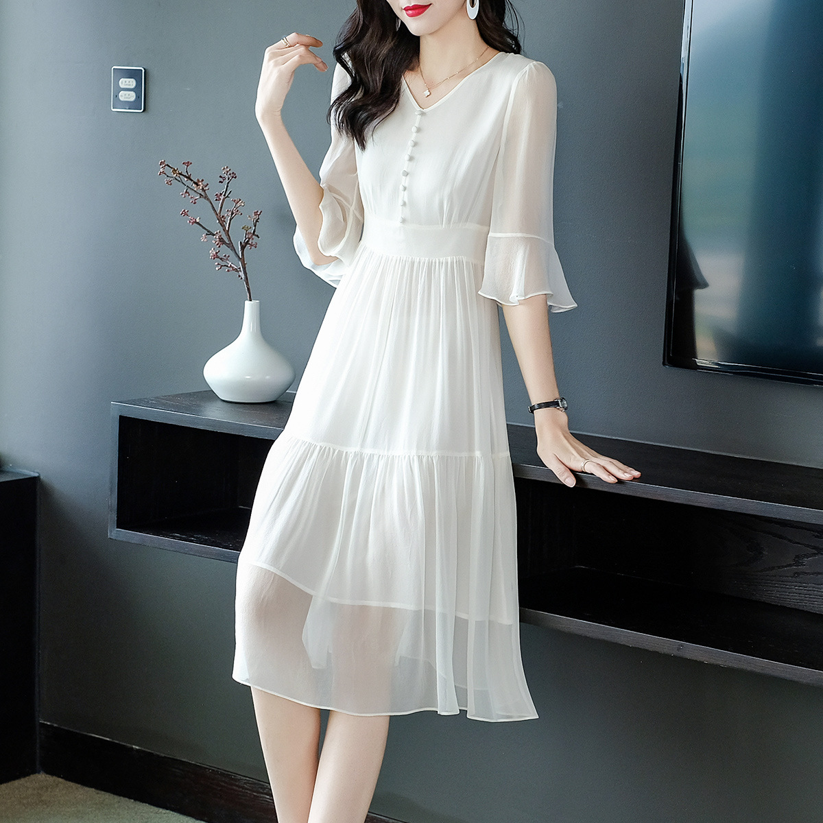 69240通勤女装桑蚕丝裙子纯色真丝连衣裙气质高级白色中长裙夏