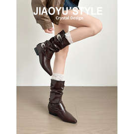 真皮粗跟堆堆靴棕色靴子西部牛仔靴加绒马丁靴女2025秋冬短靴皮靴