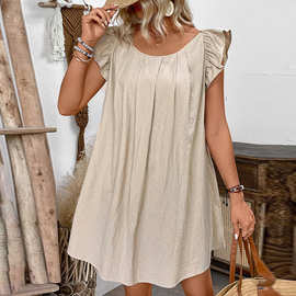 跨境亚马逊圆领连衣裙欧美纯色中裙夏季荷叶边纯色圆领宽松中裙女