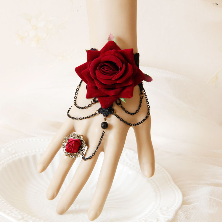 欧美复古万圣节手饰 蕾丝酒红玫瑰流苏手链带戒指一体链手链