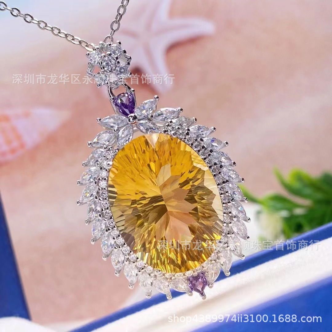 天然黄水晶切面吊坠大号黄晶项链银镶男女情侣款首饰品一件代发