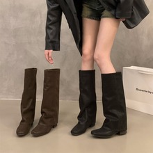 粗跟棕色美拉德长靴女鞋2024新款春秋冬季中筒裤管靴骑士长筒靴子