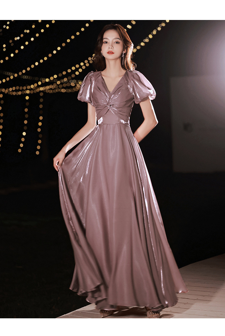 2022年短袖礼服纱裙长款薄纱v领气质年会主持人礼服性感宴会礼服