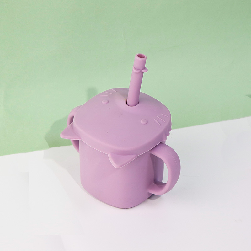 Food Grade Infant Special No-Spill Cup Binaural High Temperature Resistant Drop Resistant Milk Cup Baby Silicone Cup with Straw Wholesale