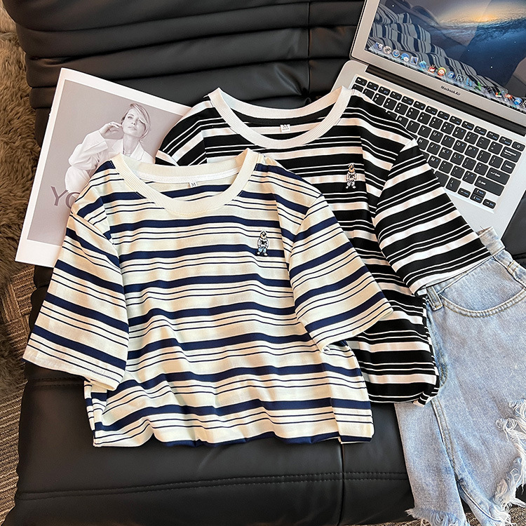 夏季新款圆领条纹上衣女设计感小众拼接甜酷别致短袖t恤ins潮衣服