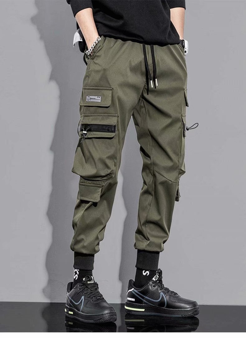 春装秋季机车风工装裤男潮牌潮流宽松百搭束脚裤黑色休闲九分裤子