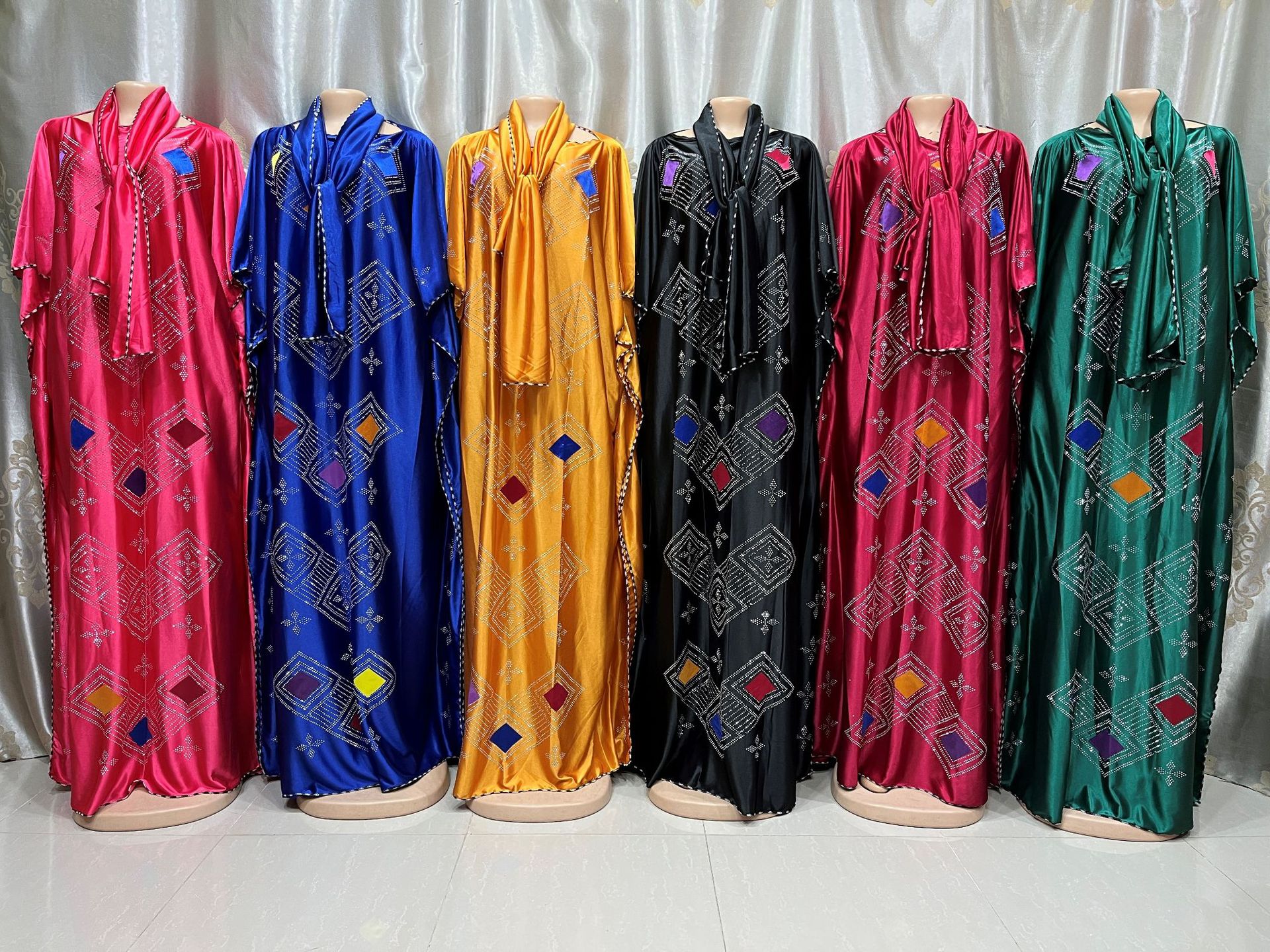 Cross-Border African Mom plus Size Abaya Heavy Embroidery Hot Drilling Long Dress with Headscarf