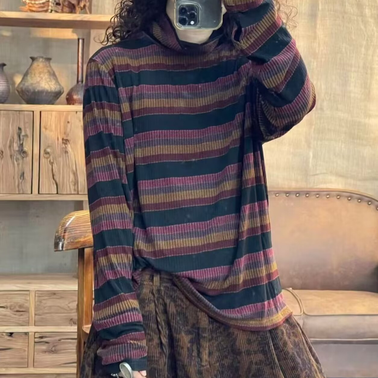 条纹半高领长袖打底衫女 2025秋韩版宽松显瘦百搭T恤内搭