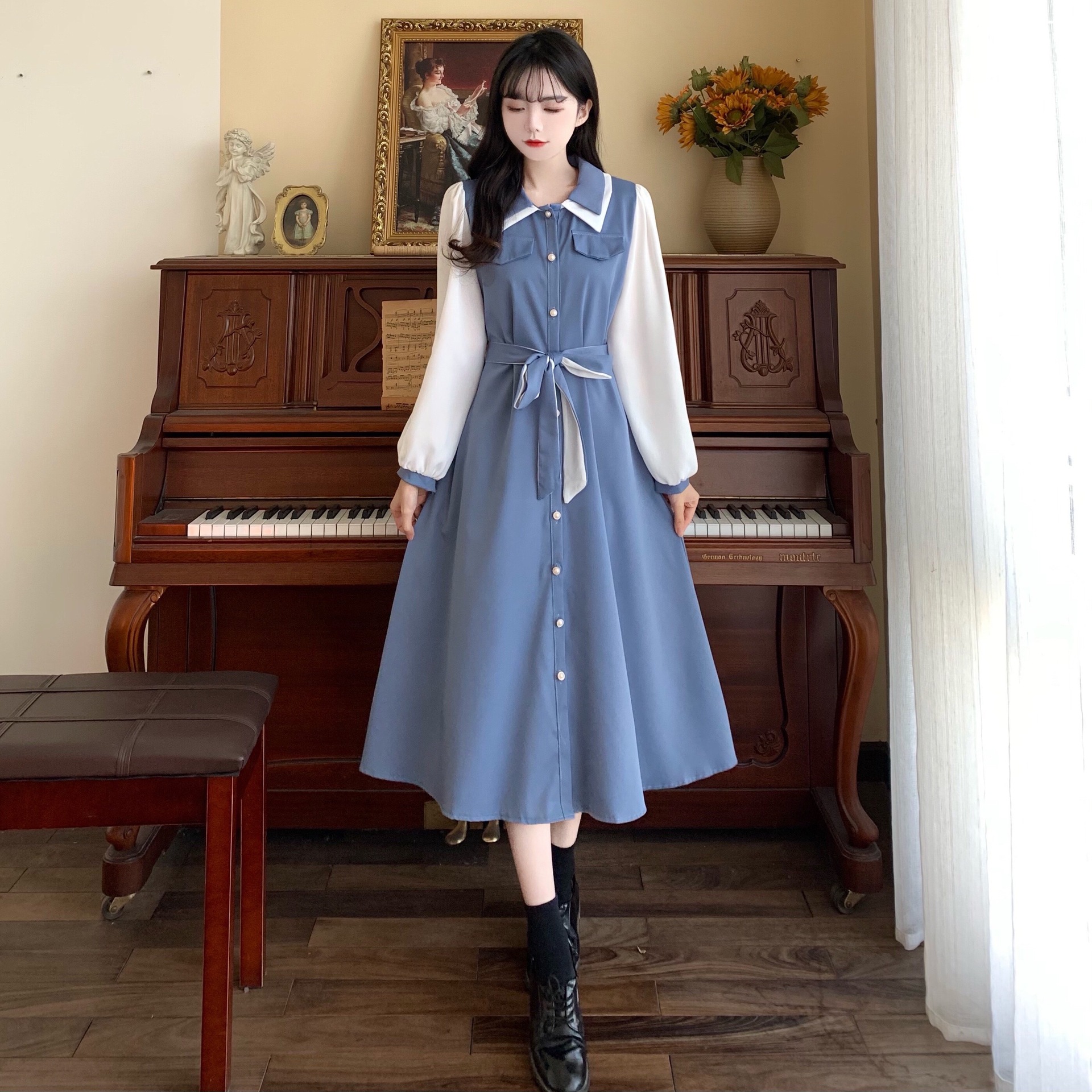 2020年秋中东大码女装 黄紫小雏菊蕾丝拼接翻领衬衣连衣裙长实拍现货