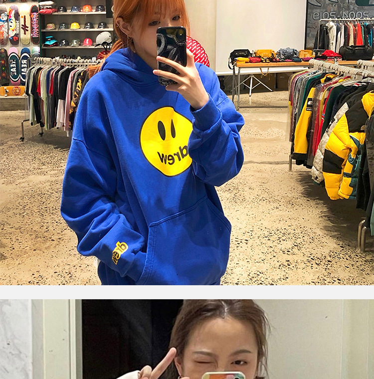 drew贾斯汀比伯同款house笑脸印花oversize加绒连帽卫衣男女帽衫