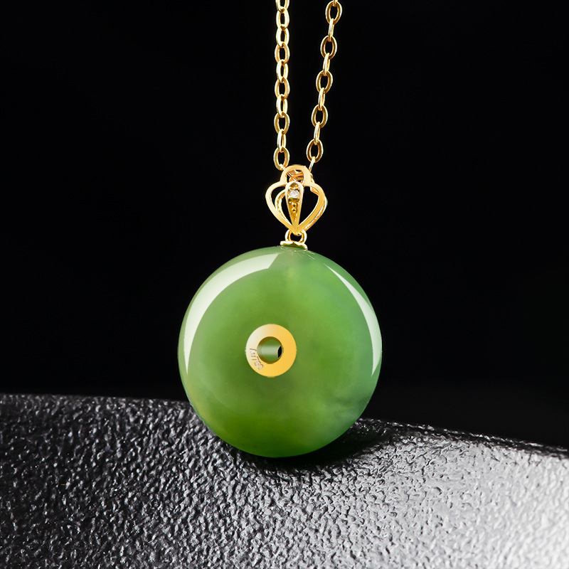 Natural Hetian Jade Green Jade Safety Buckle Pendant 18K Gold Inlaid Spinach Beryl Jade Pendant Pendant Necklace Women's