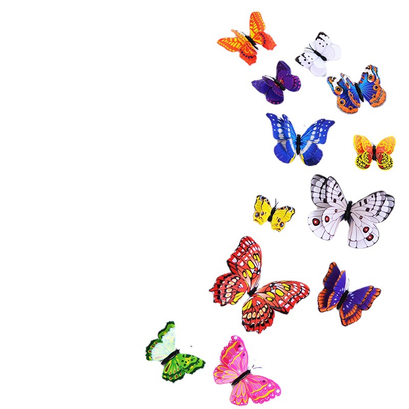 新品七彩色双层3d立体仿真蝴蝶12只套装亮色墙壁装饰贴画客厅贴纸