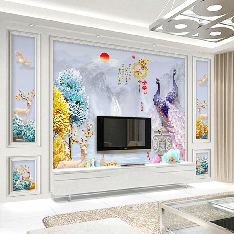 好寓意电视背景墙壁纸客厅壁画简约墙布影视墙墙纸孔雀麋鹿发财树