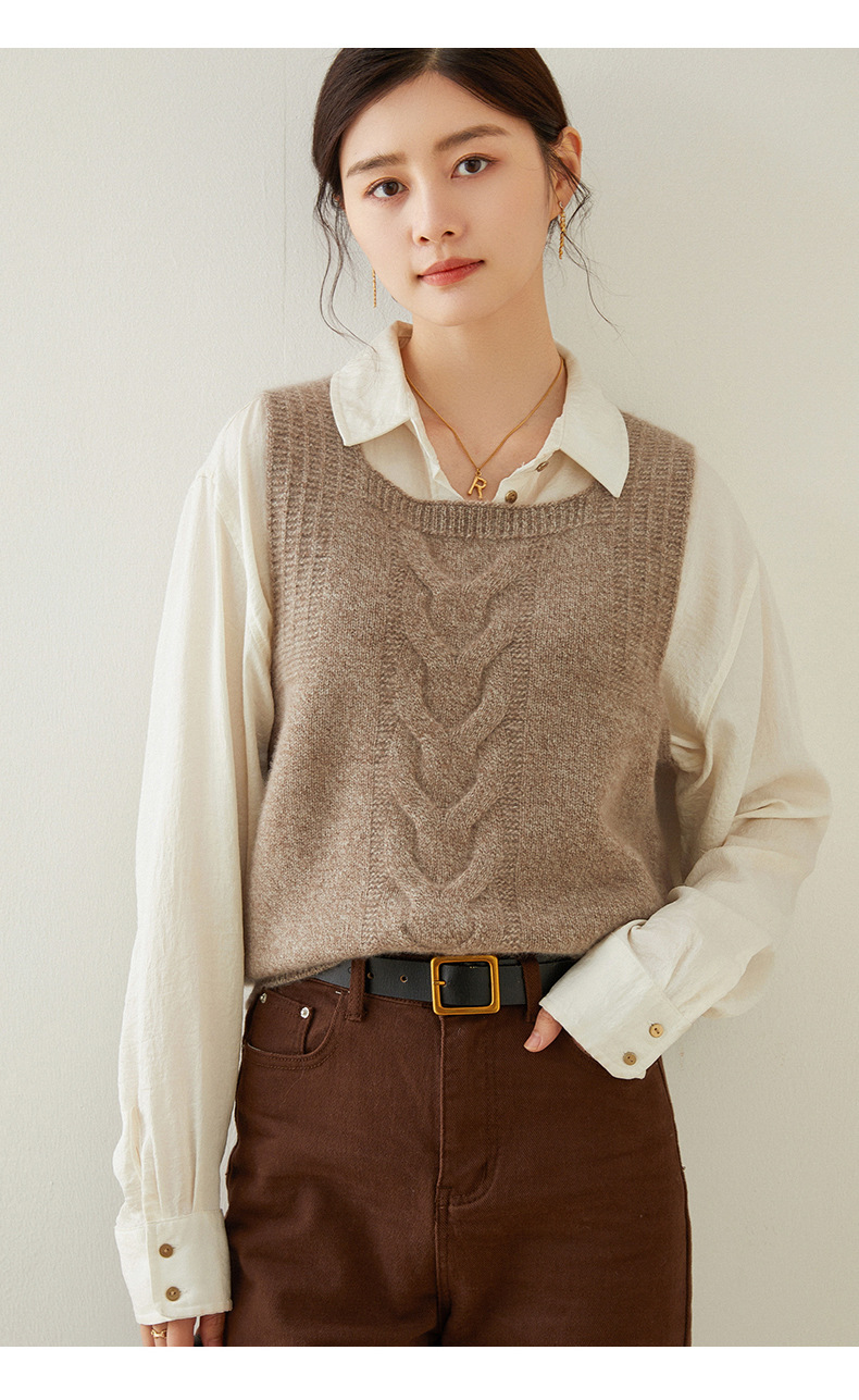 女士u型领羊绒马甲提花套头纯色山羊绒针织背心韩版加厚女羊绒衫