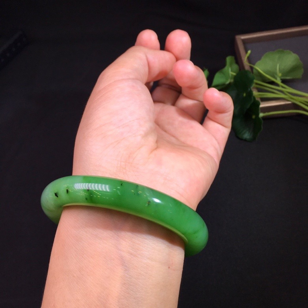 新疆和田玉乌兰海碧玉苹果绿玉石手镯冰底老料带证书终生保真