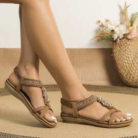 新款女士平底凉鞋2025大码室外沙滩鞋波西米亚风手工串珠软底拖鞋