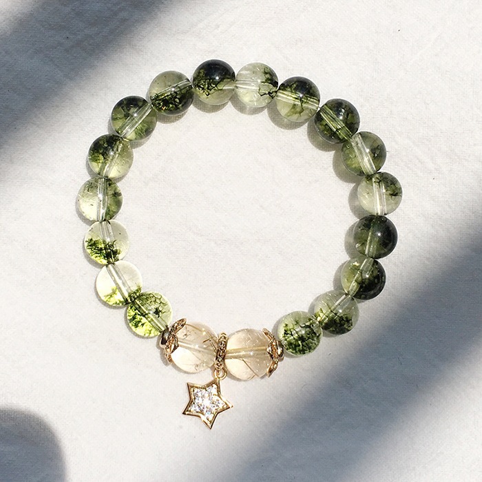 天然爆花晶绿幽灵手链网红女金发晶包金手串聚宝盆手饰