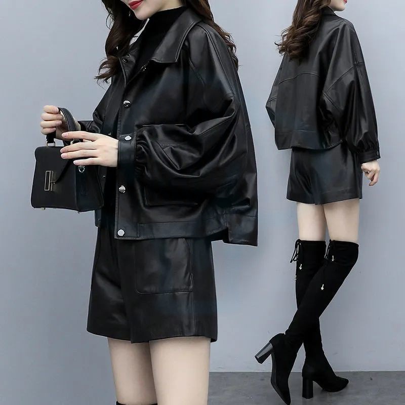皮衣皮裤套装女2024冬季新款宽松短款短裤皮夹小个子外套洋气跨境