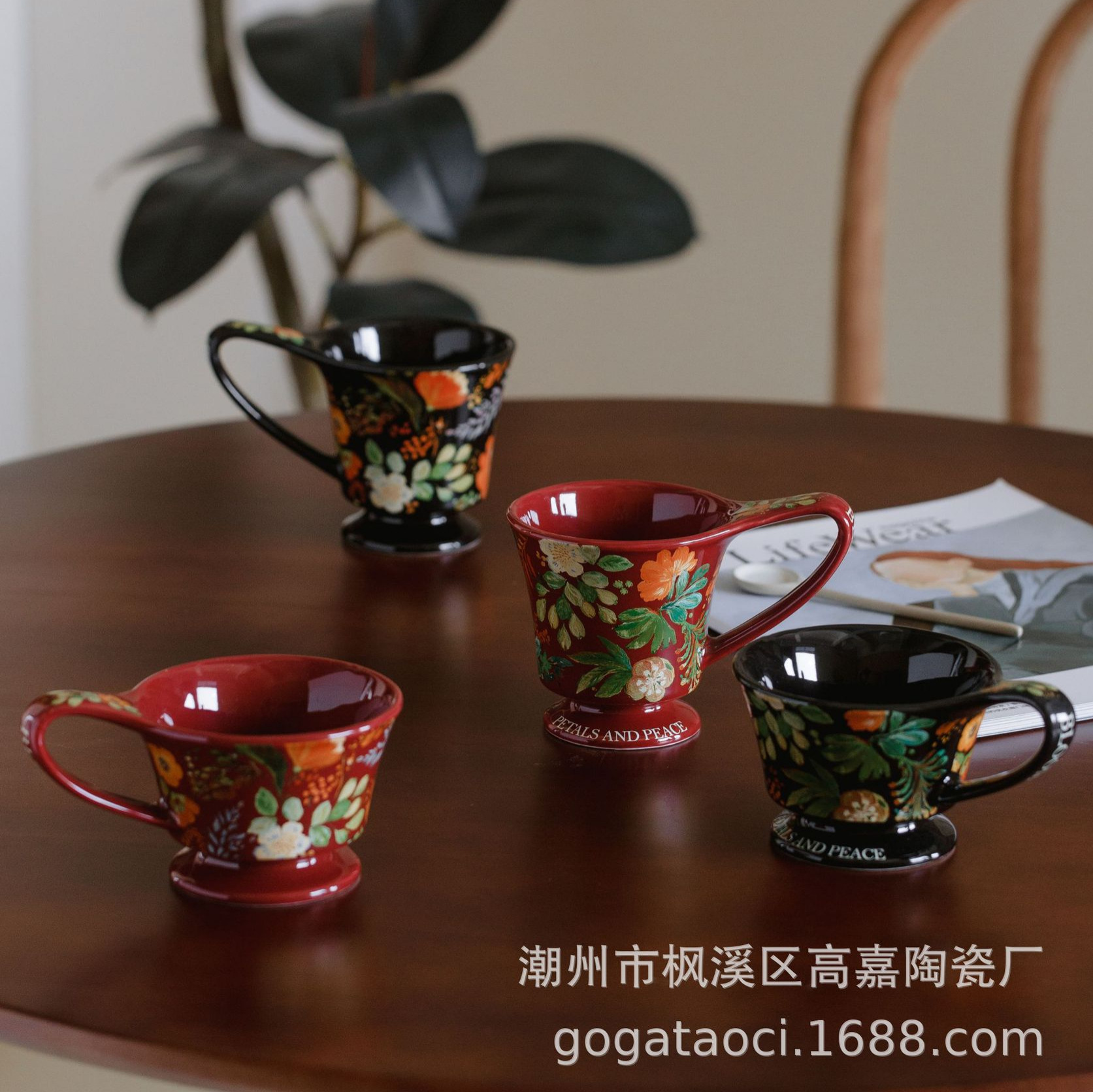 复古油画繁花陶瓷杯马克杯早餐杯高颜值情侣水杯家用咖啡杯子