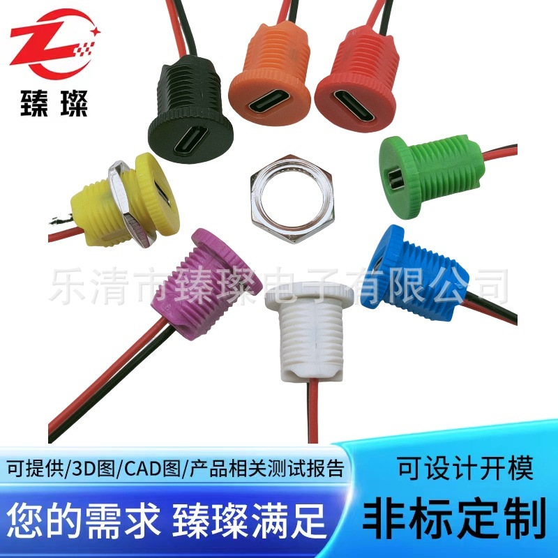 TYPE-C2P母座臻璨注塑焊线式带端子PH2.0调光开关螺纹固定手工DIY