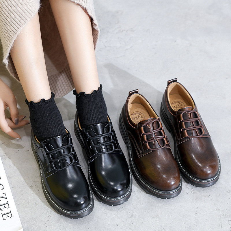美足动力春季新款小皮鞋学院风jk制服鞋英伦复古圆头平底系带单鞋