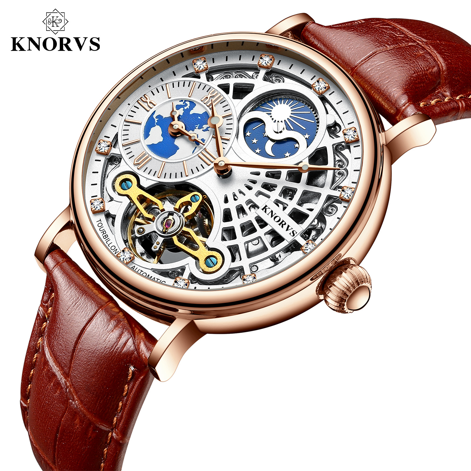 knorvs卡诺威斯瑞士品牌双时区时尚夜光机械表防水男士手表地球
