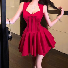 蝴蝶结红色连衣裙玫瑰人生夏季高级法式矜贵千金收腰显瘦a字短裙