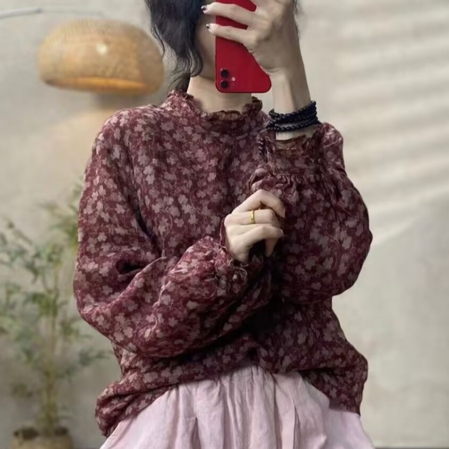 木耳领苎麻双层碎花夹棉小棉袄女士冬季超仙减龄立领保暖棉衣棉服