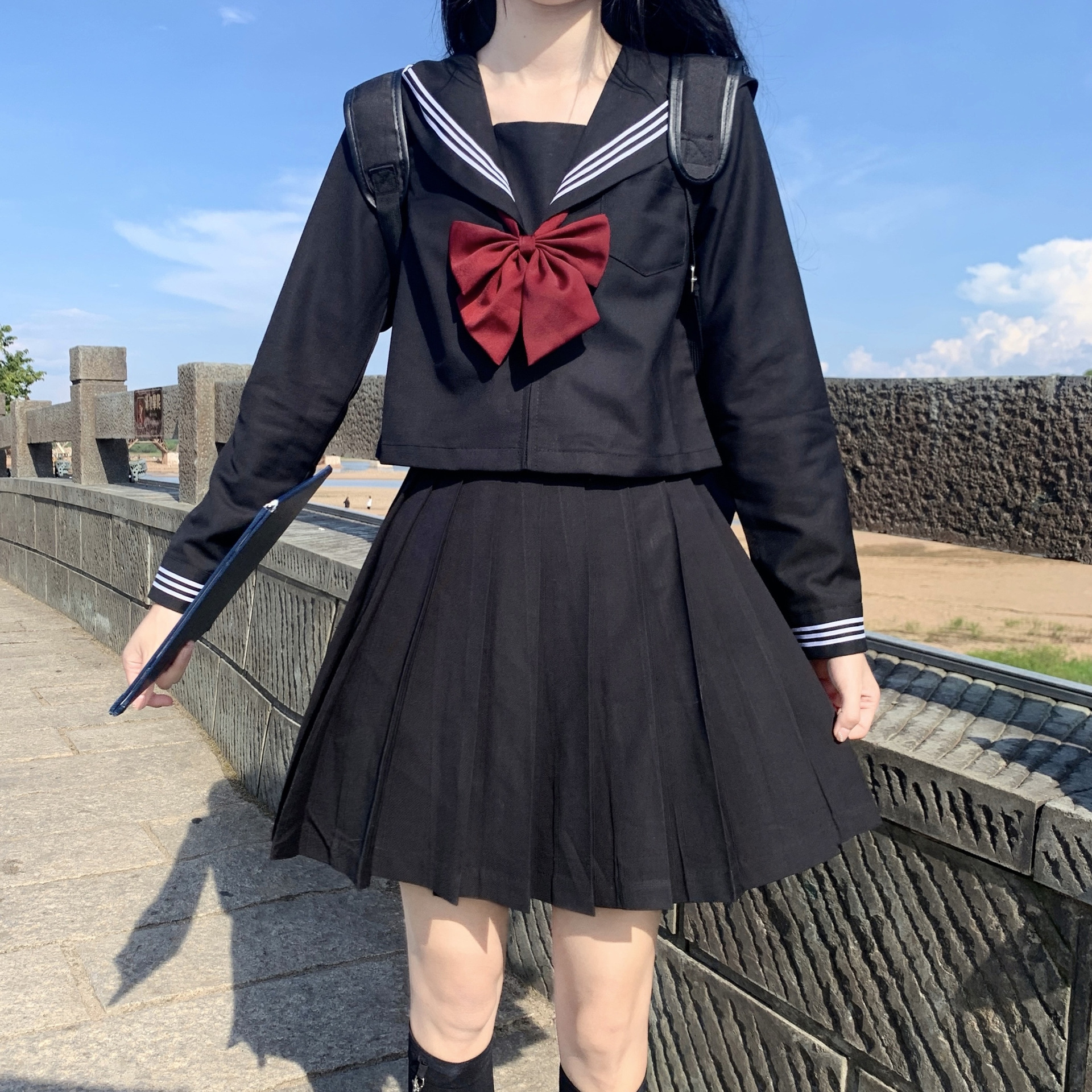 实拍jk水手服日系正品黑三本套装基础款秋冬长裙女校服长袖制服