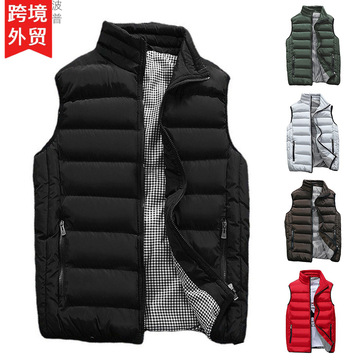 跨境欧码冬季男士棉马甲背心坎肩纯色马夹无袖立领休闲欧美外贸