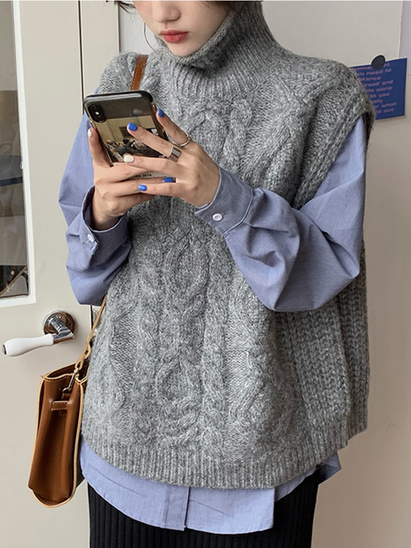 灰色高领毛衣女春秋季马甲背心外穿宽松百搭针织叠穿内搭无袖坎肩