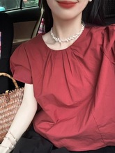 法式复古红色短袖娃娃衫女夏季设计感小众超仙甜美小个子短款上衣