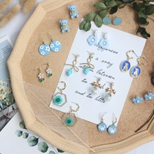 日韩设计感可爱银针耳钉 树脂卡通ins风蓝色系猫咪小熊永生花耳环