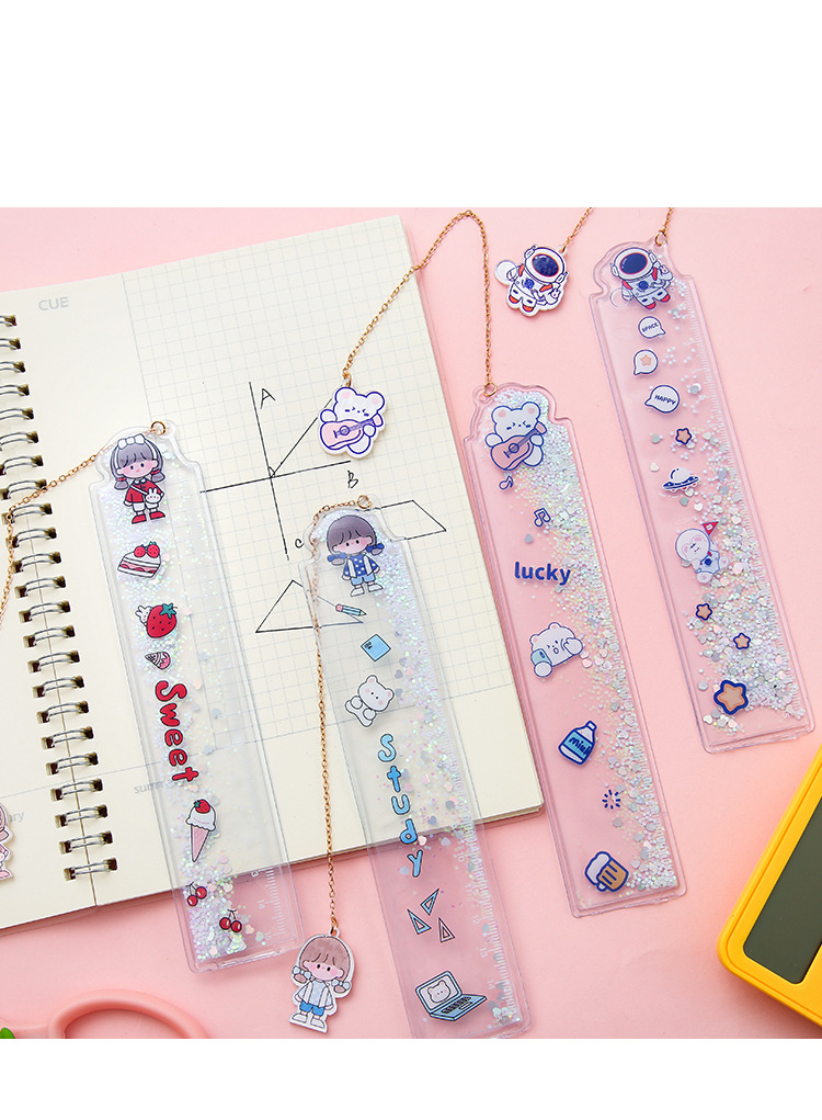 可爱少女心流沙尺子卡通刻度尺学生文具带吊坠书签绘画直尺15cm