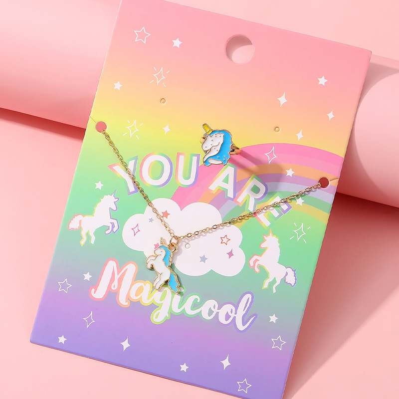 Cross-Border Colorful Unicorn Children's Ornaments Cartoon Girl Necklace Ring Suit Fashion Alloy Dripping Oil Necklace