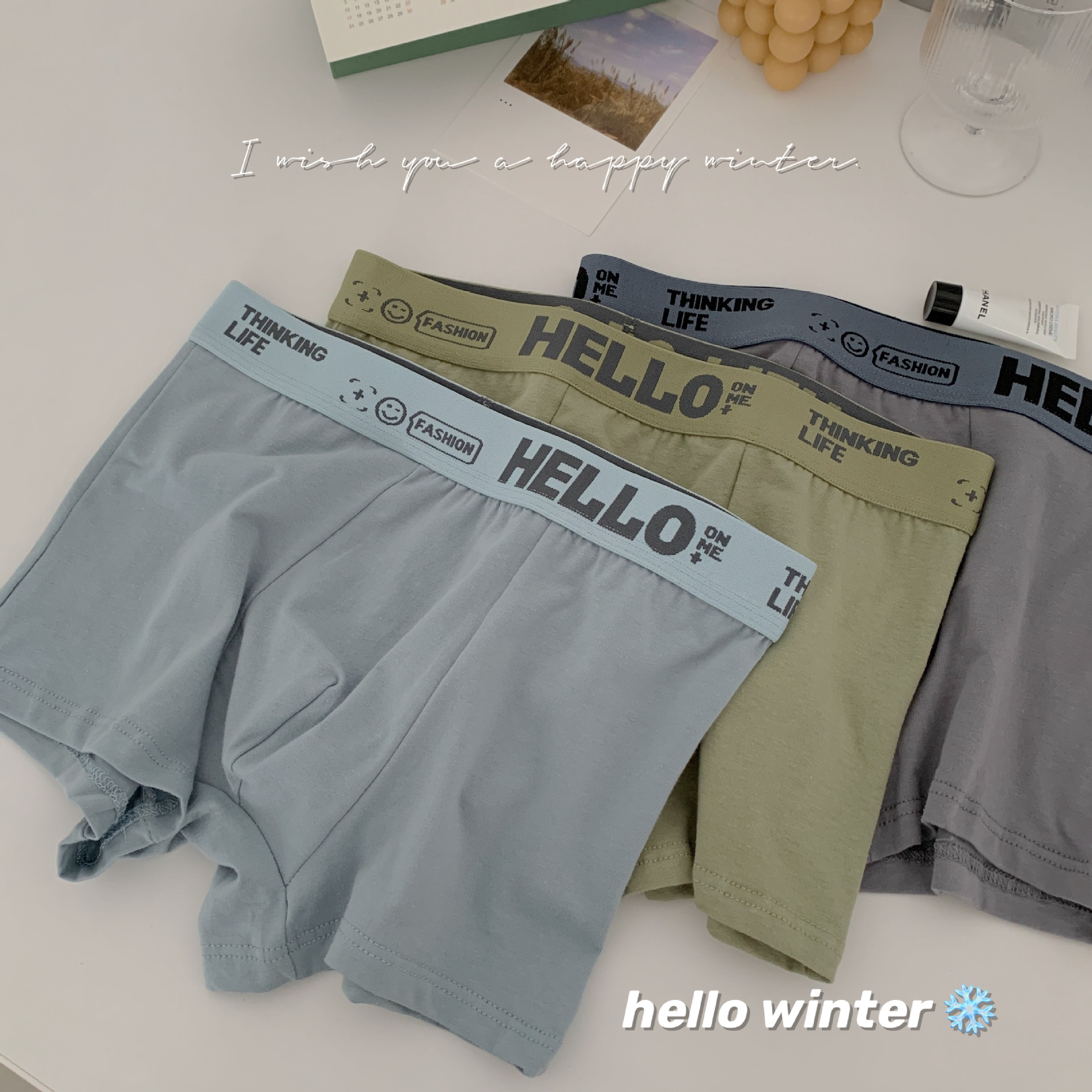 Smiley Men's Underwear MUJI Mid-Waist Comfortable Pure Cotton Contrast-Color Letters High Elastic Waist Head Trendy Boxer Briefs