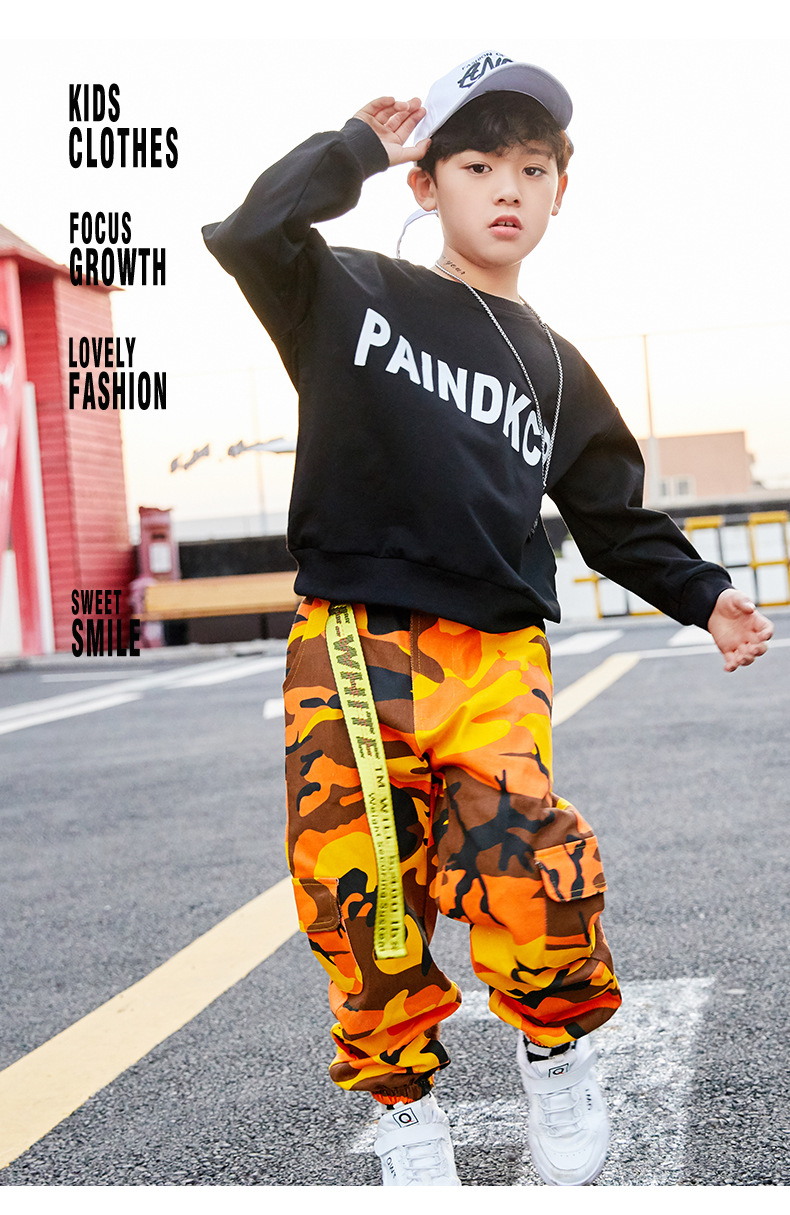 儿童街舞套装演出服男孩迷彩裤hiphop少儿男童嘻哈爵士舞套装潮