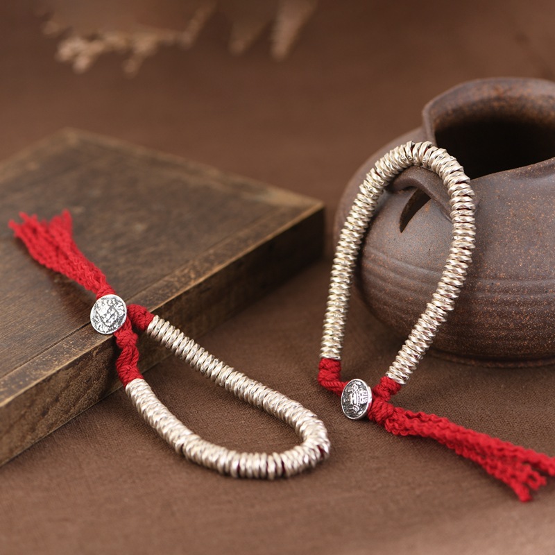 金鹿王 s925银盘缠手串 复古银环简约编织红绳手链扎基拉姆黄财环